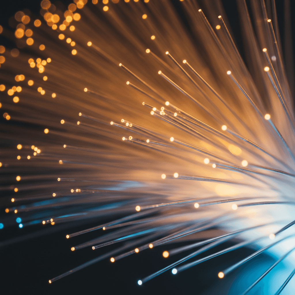Fiber optic cables glowing with network connectivity